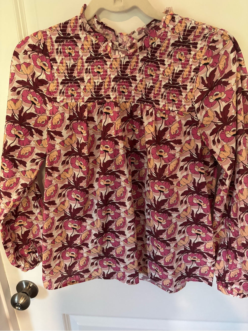 J. Crew Floral Smocked Yoke Blouse in Pink and Burgundy